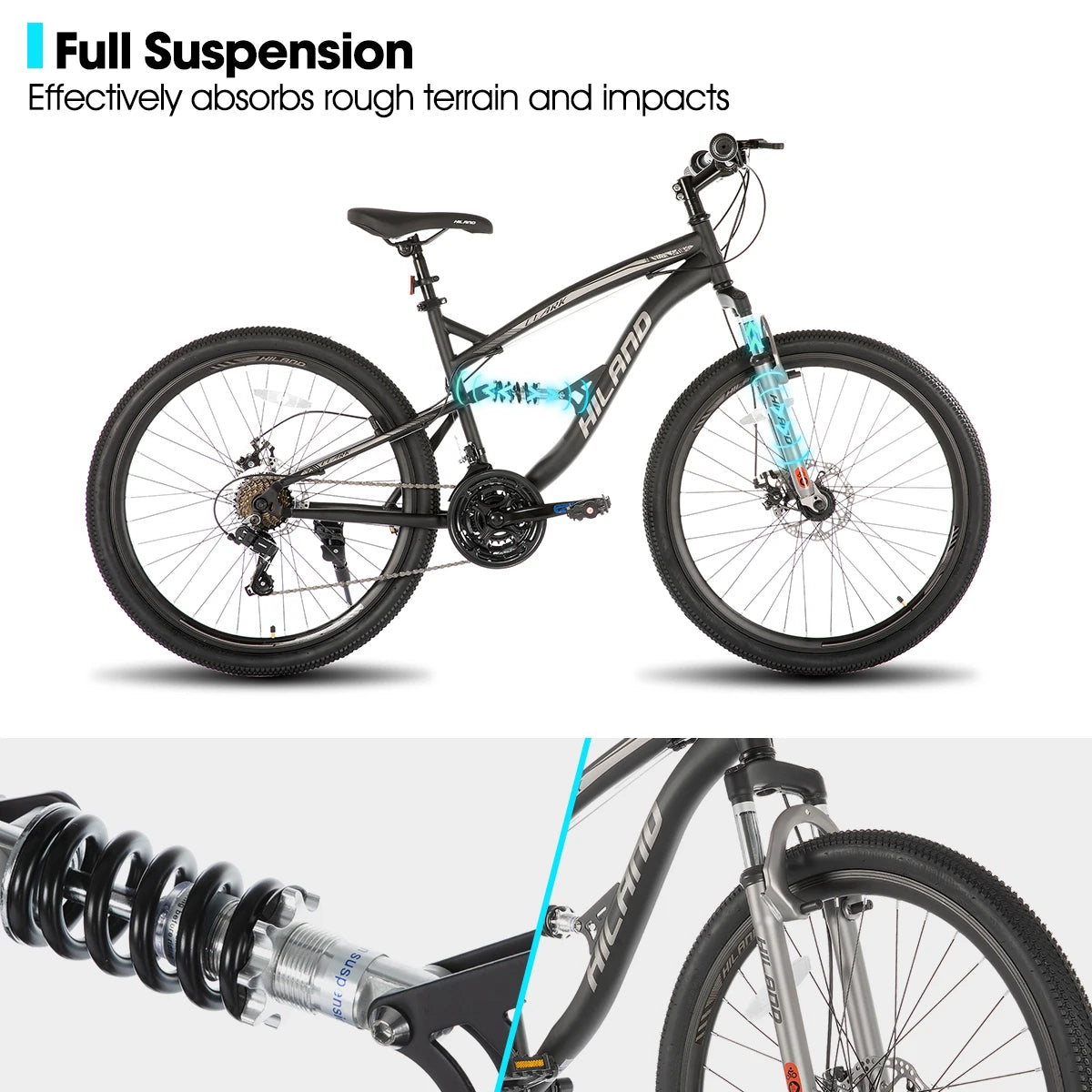 Full Suspension Mens Mountain Bike, 21 Speed, 26 Inch Wheel, Dual Disc Brake Adult Bicycle