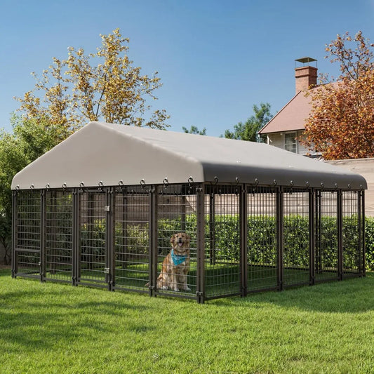 Dog Kennel 10X10FT Outside Heavy-Duty Outdoor Dog, Roof, Lock - Spacious, 4 Pets with Feeding