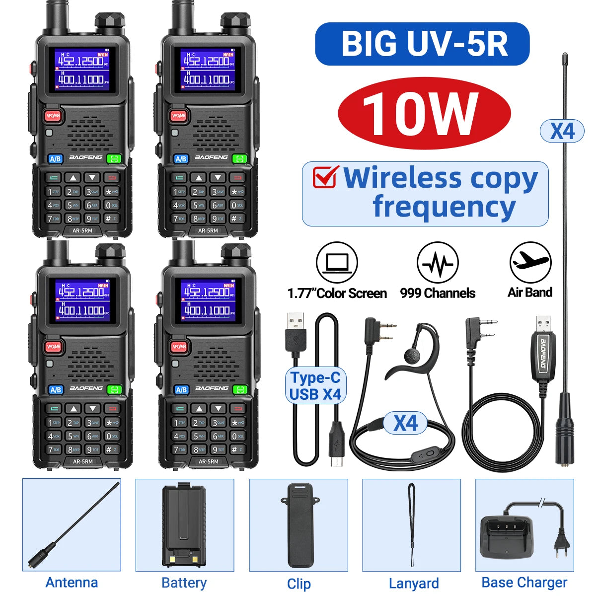 2PCS AR-5RM Multi Band Walkie Talkie,10W Wireless Copy Frequency 999CH 2500mAh UV-5RH Long Range Ham