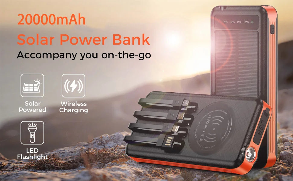20000mAh power bank . Solar energy for phone,Equipped with a charging cable/lighting lamp/magnet