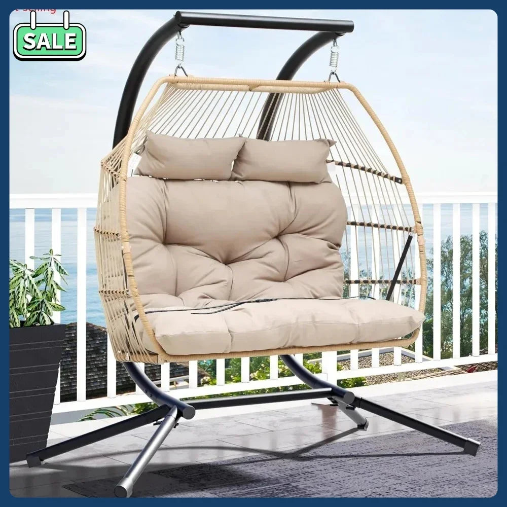 2 Person Hanging Egg Swing Chair,W/Stand, Wicker Indoor Outdoor Hammock, Cushions 550lbs, Patio