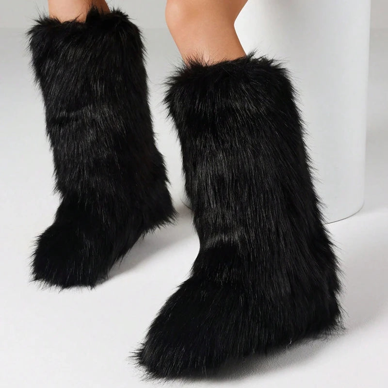 Furry Fluffy Women Snow Boots Warmplush Knee High Flats Luxury Punk Goth Women Winter Shoes