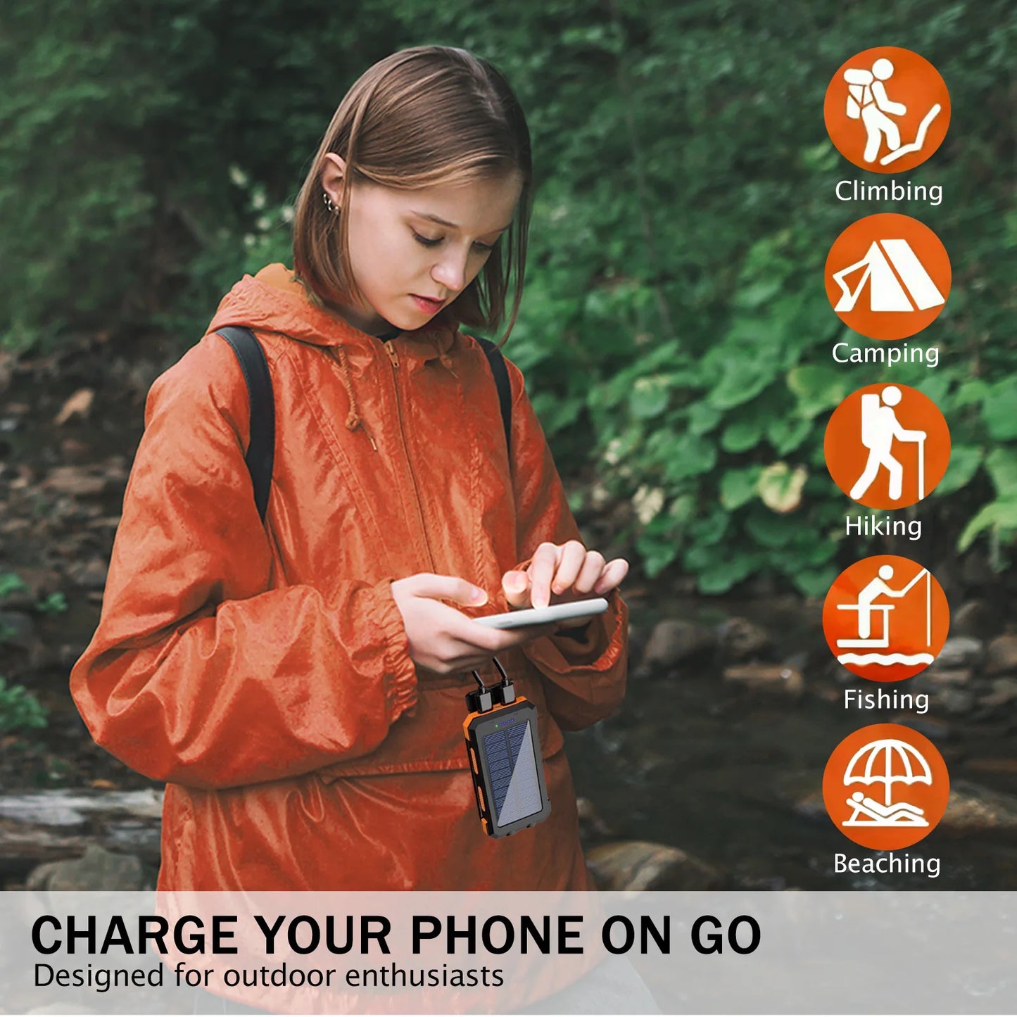 20000mAh Solar Power Bank Portable Charger Waterproof Dual 5V USB Ports 2 LED Light Flashlight Cell