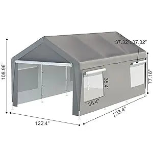 Carport 10x20ft Portable Garage Canopy Heavy Duty, with Mesh Windows and Removable Sidewalls