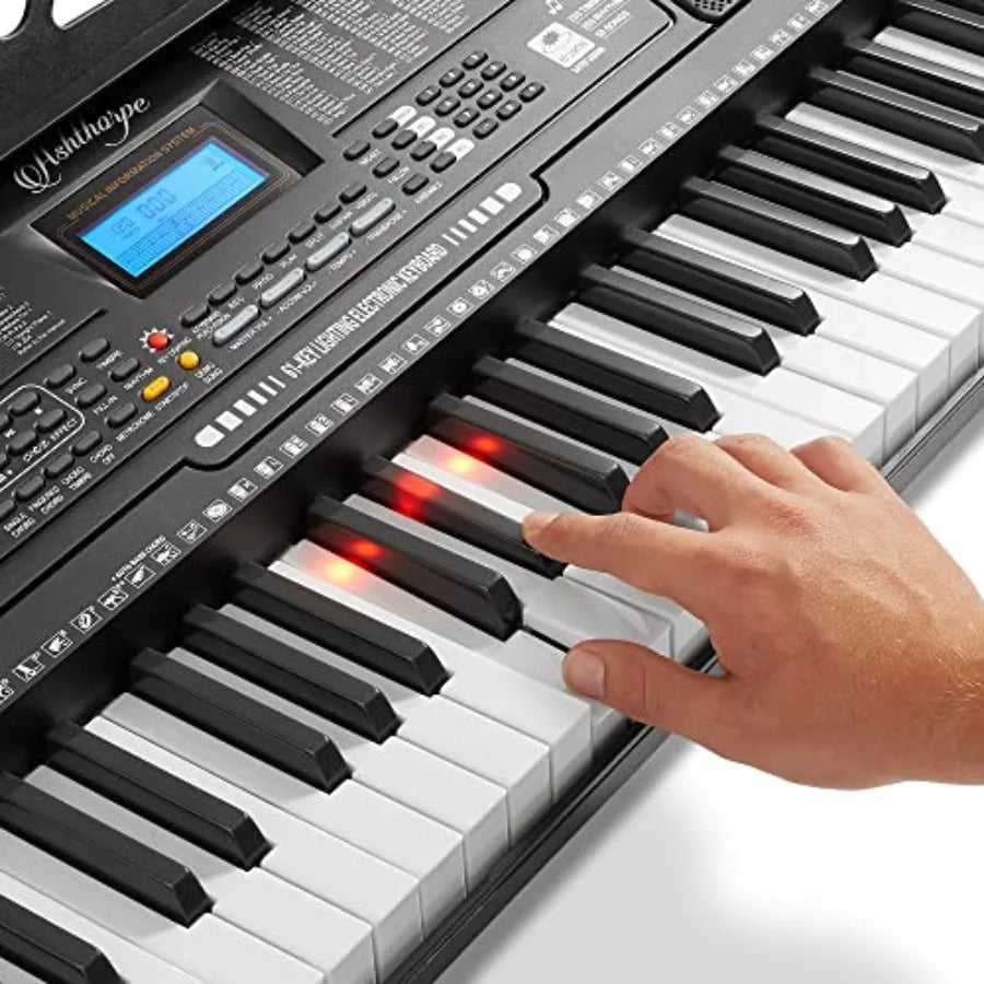 61Key Digital Electronic Keyboard LightUp Keys for Beginners: Complete Learning Kit Adjustable Stand
