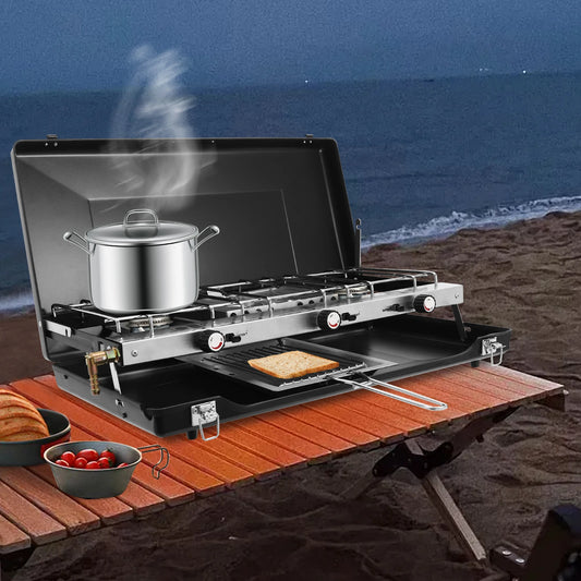 Campfire Grill] 3-Burner Durable Cold-Rolled Steel ,Windproof Lid, Camping & Outdoor Cooking