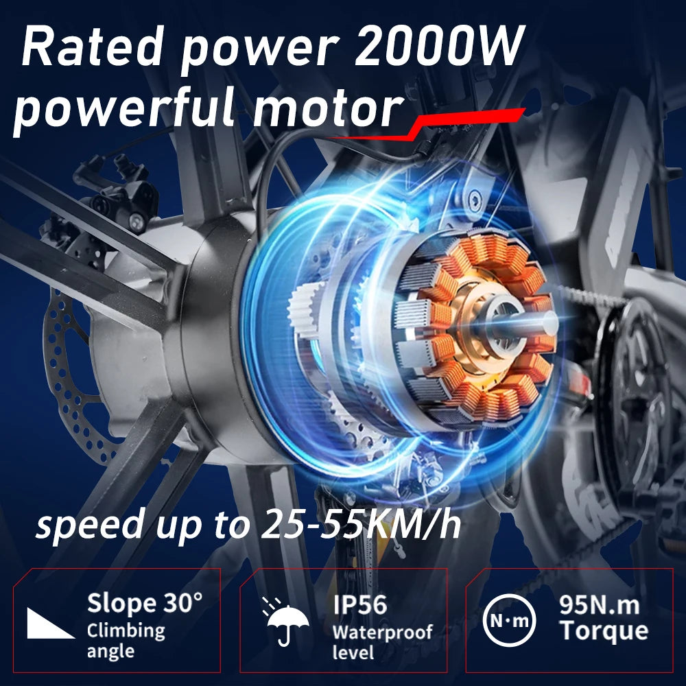 E-Bike QS7 1000W 48V 60AH 20 Inch Fat Tire, Adults Mountain Off-Road Dual Batteries E-Bicycle