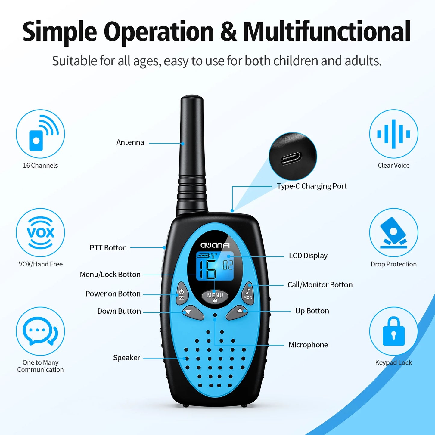 Walkie Talkies chargeable 3 Pack for Kids Adults, 2 Way Radios,1200 mAh Li-ion Battery 22 Channels