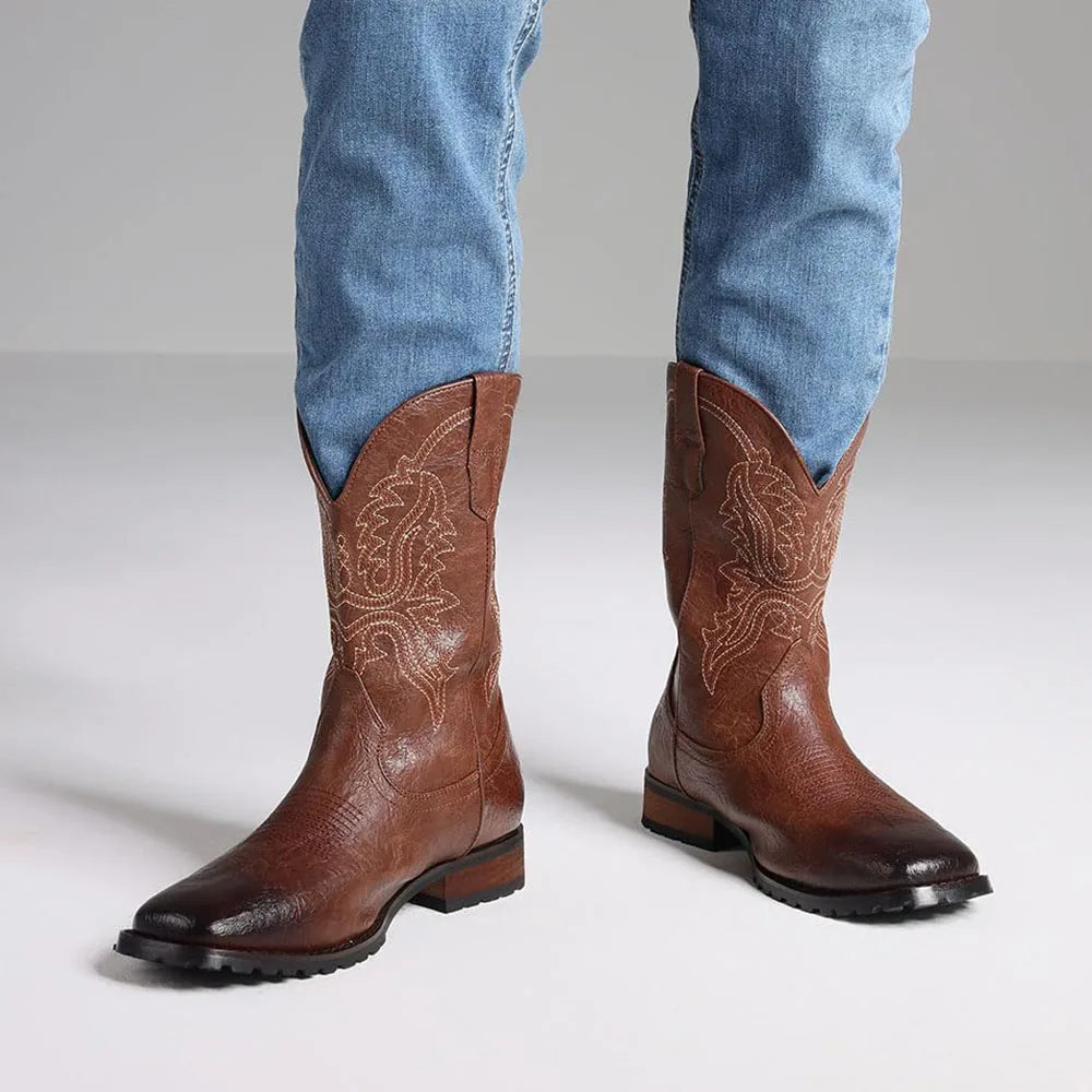 Plus size 12.5 New Fashion Retro Square Toe Neutral Cowboy Boots Luxury Embroidered Concise