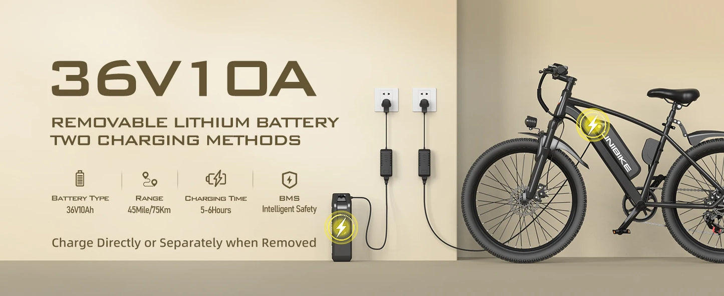 26'' E-Bike, Adults,750W Peak Motor Mountain,22MPH, upto45 Miles,7-Speed,Removable Battery