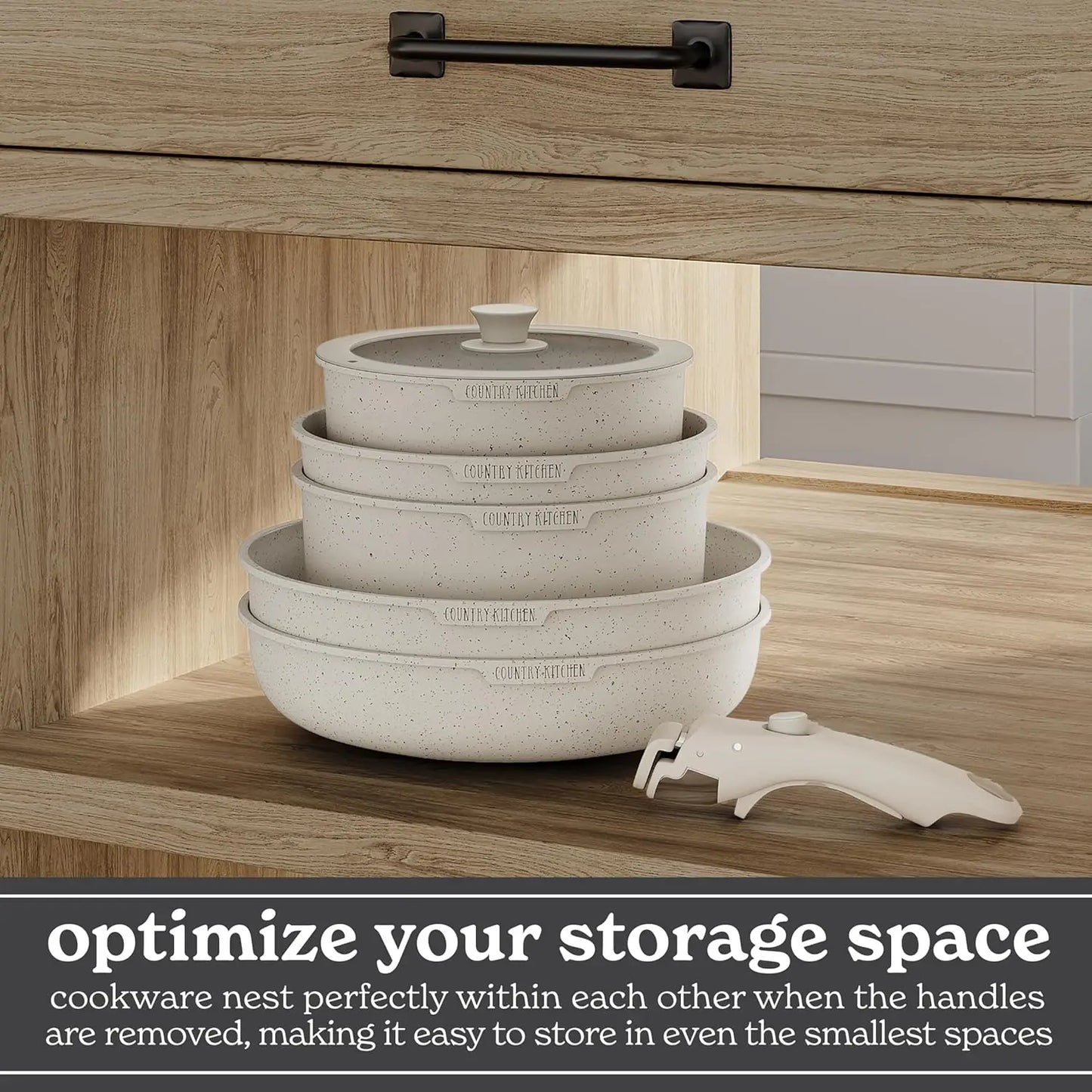 Cookware Set with Removable Handle, Oven & RV Safe Pots and Pans Set, Cream, Original