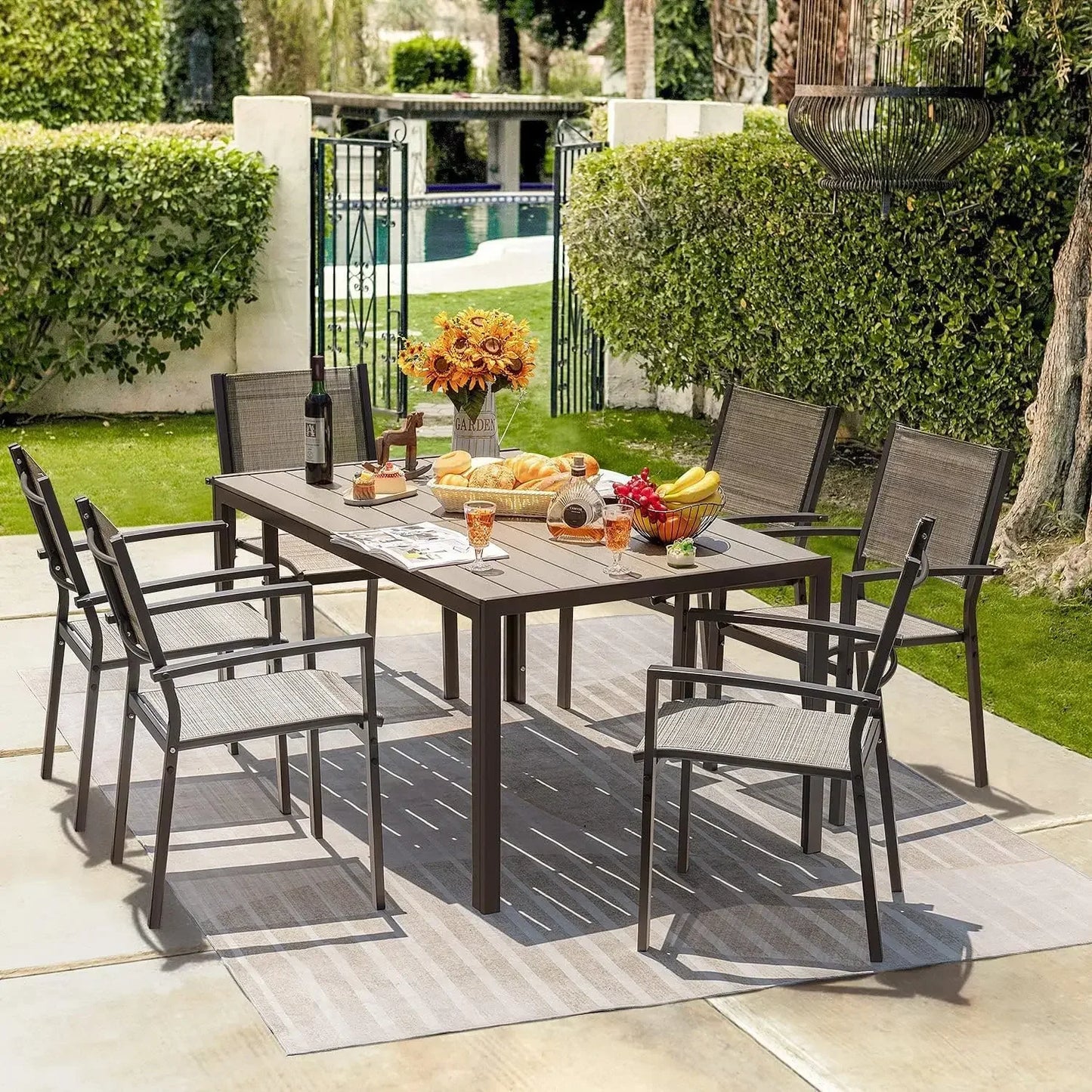Patio Dining Set 7 Pieces Outdoor Furniture with Large Table and 6 Textilene Chairs