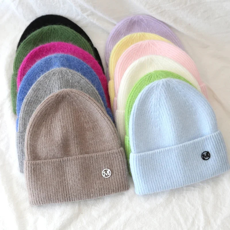 2024 Fluffy  Angora Hat Rabbit Fur Warm Winter Cashmere Wool Soft  Beanies Knitted Outdoor Female