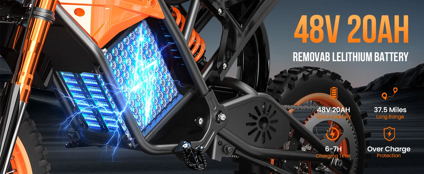 48V E-Dirt Bike, Adults, 3000W Peak Power,14"/12" Fat Tire, 37.5MPH 60 Miles Range
