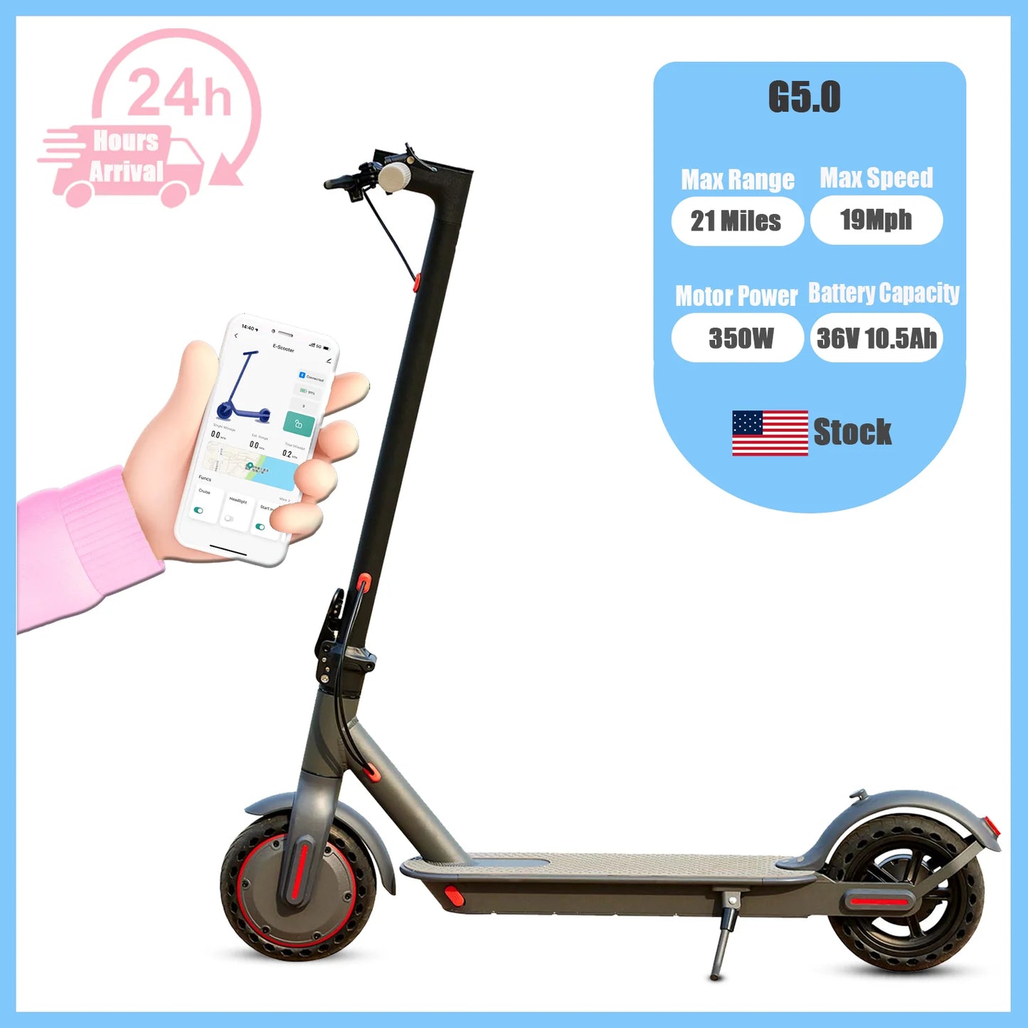 E-Scooter 36V 10.5AH High Capacity Battery 21Miles Long Range 19Mph 350 Motor 8.5Inch Tyres Foldable