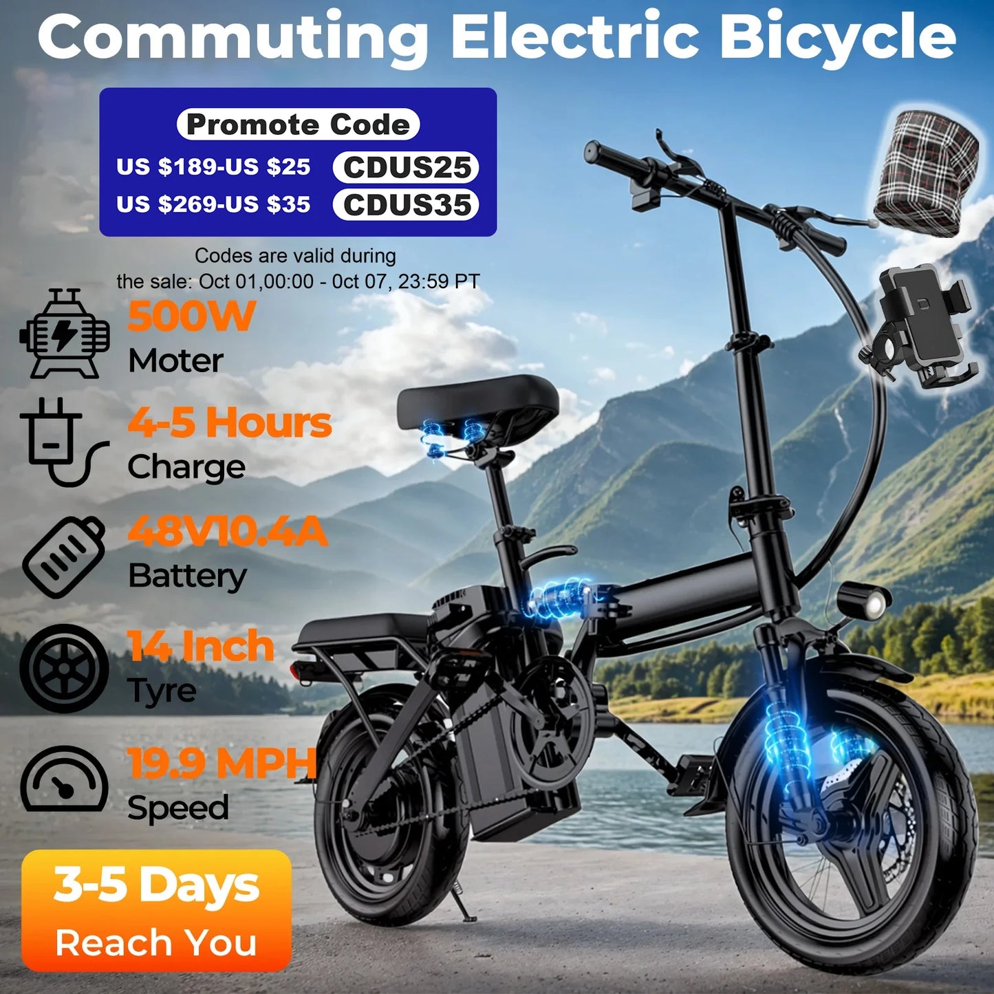 Adult Commuter E- Bike,14-inch, Easy to Fold, 500W Motor, 48V10.4Ah Removable Battery, 20-mile Range