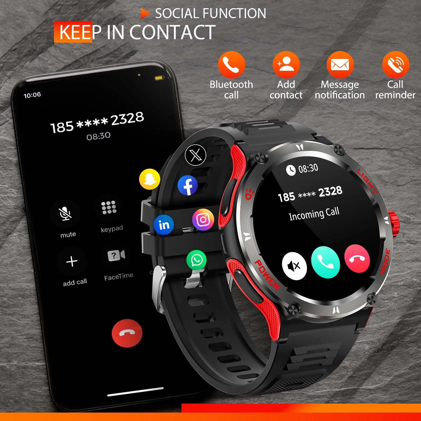 Smart Watch 3ATM Waterproof 1.53" KT76, Compass, LED Flashlight Heart Rate Sleep Analysis Bluetooth