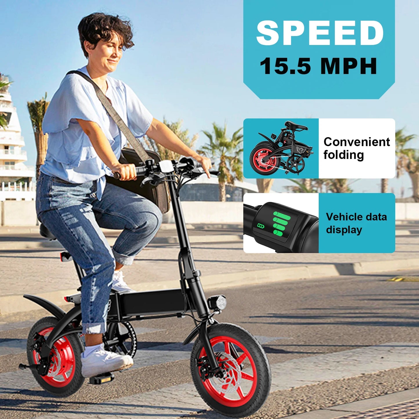 350W high-speed gear motor , foldable electric bicycle 15.5 miles lightweight small men's and women's adult