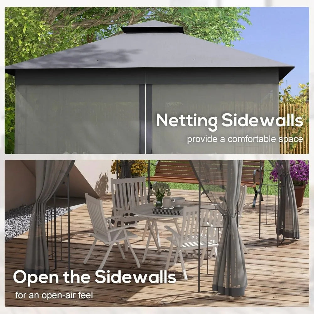 10' x 10' Metal Patio Gazebo, Double Roof Outdoor Canopy Shelter with Tree Motifs Corners,Netting,