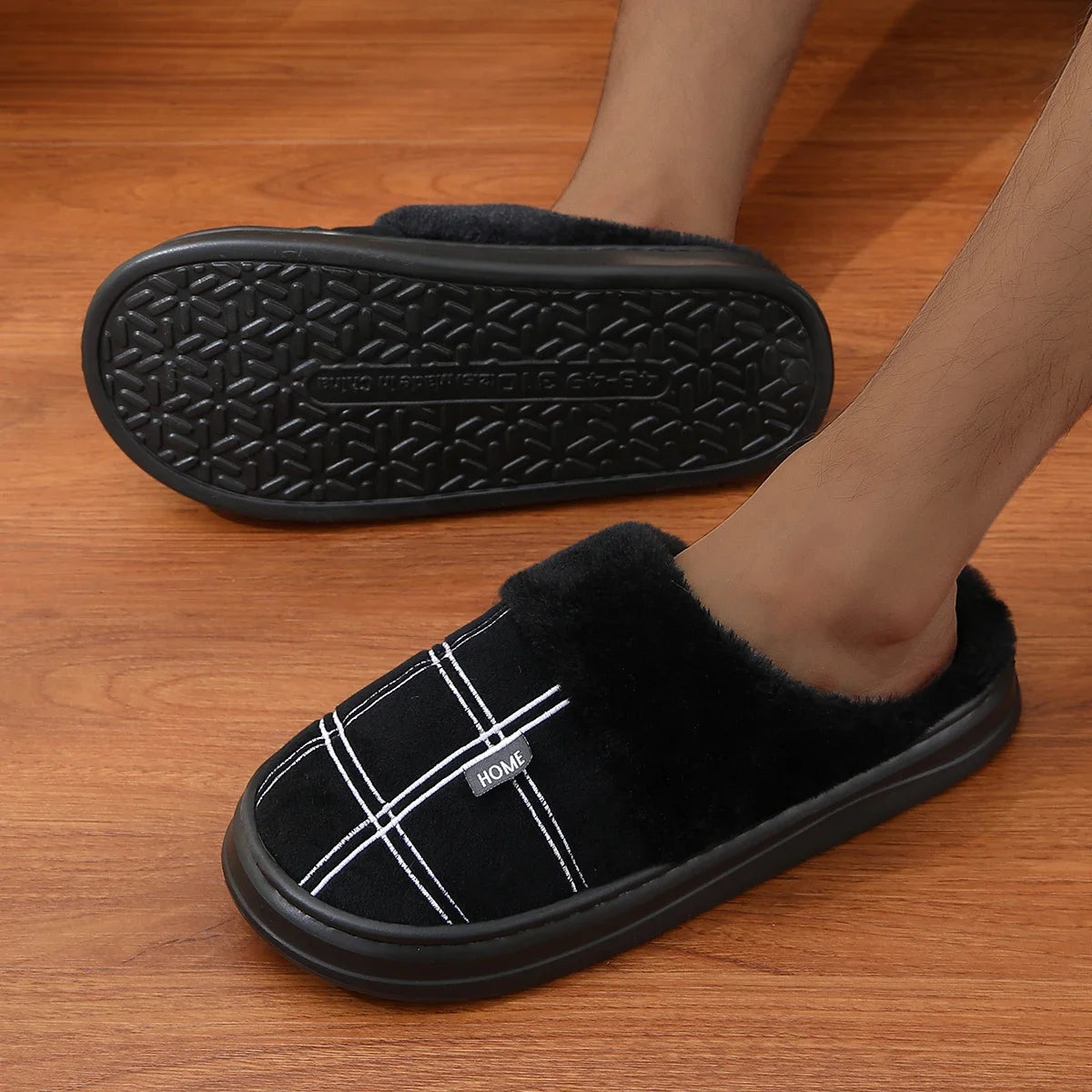 Men Home Slippers Plaid Memory Foam Winter Plush Warm Non-Slip Black Large size 50-51 Fashion