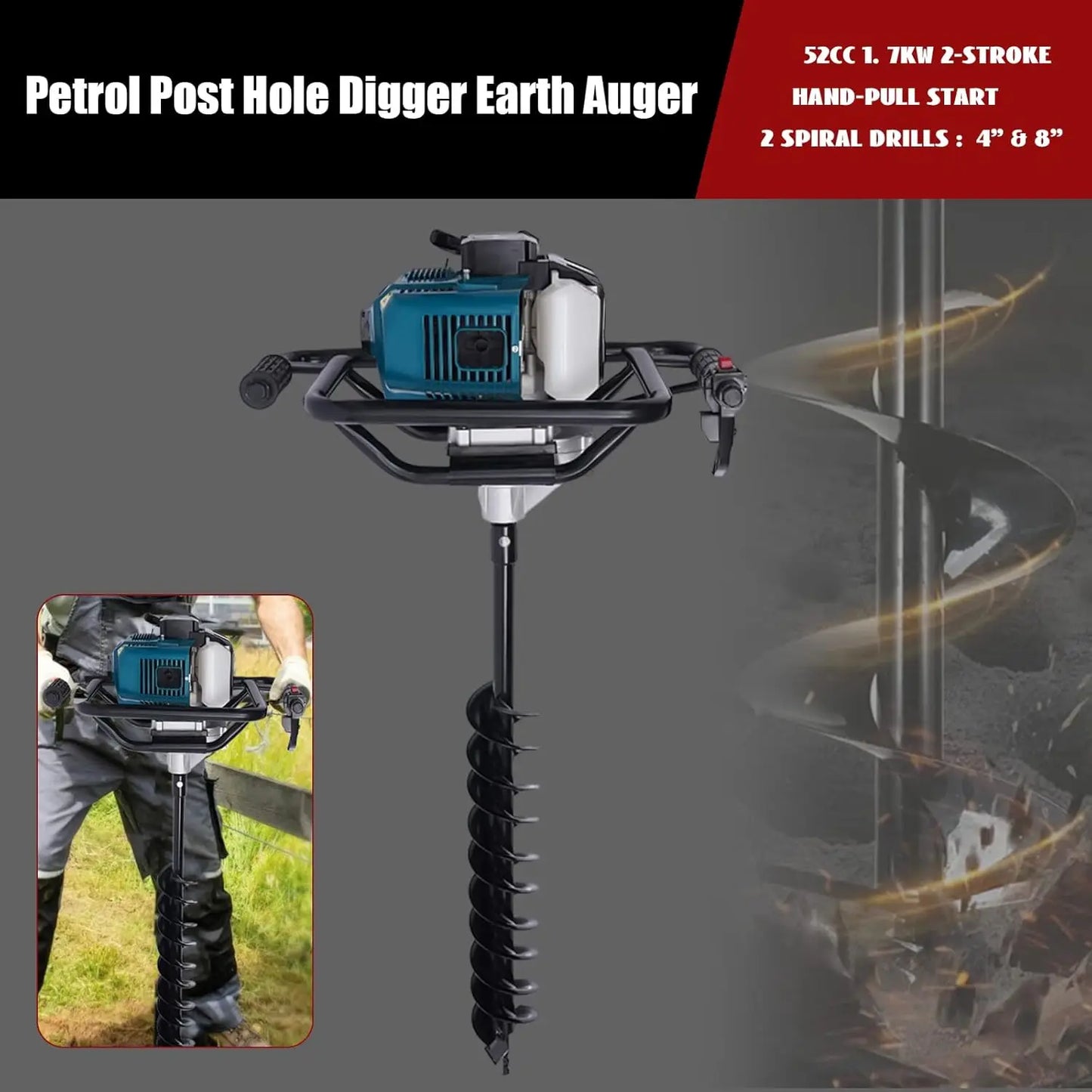 52CC Post Hole Digger 2-Stroke 2.3HP 1.7KW Gas  Hole Digger,Earth Auger, 2 Drill Bits (4" & 8")