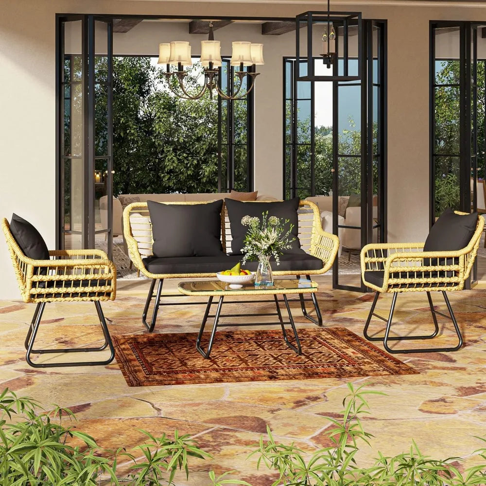 Patio Furniture Wicker Bistro Set, 4-Piece All Weather Rattan Conversation Loveseat Sets