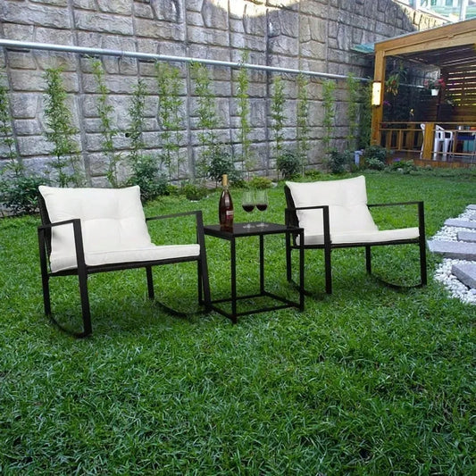 3 Pieces Rocking Chair Set w/ Glass Table White Furniture Outdoor Patio
