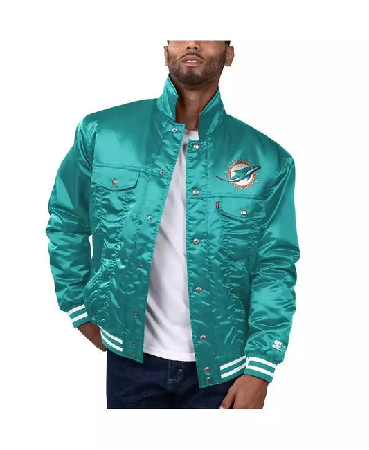 Levi's | Levi’s x Starter Men's Aqua Miami Dolphins Silver Tab Trucker Full-Snap Jacket