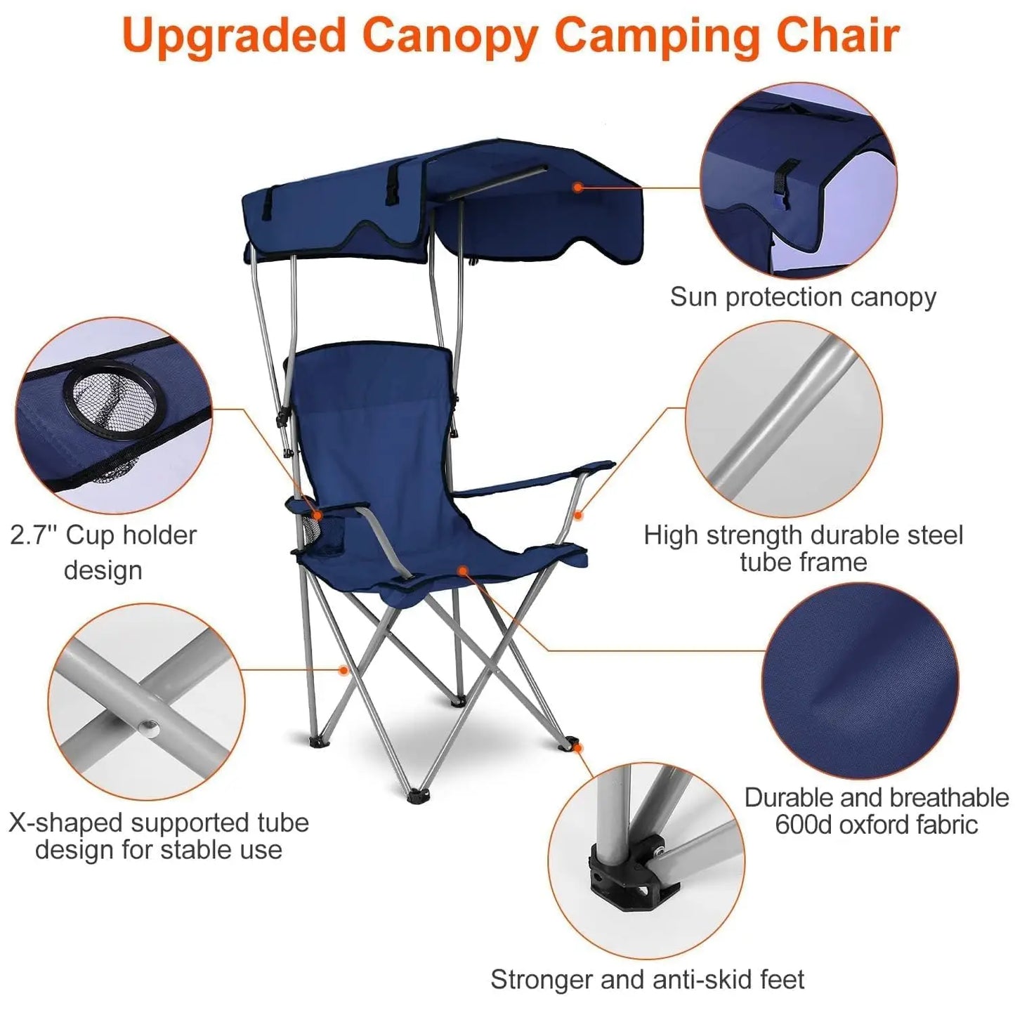 Camping Chair w/Canopy, Folding Lounge Chair, Adjust UPF 50+ Sun Shade & Cup Holder, Reclines