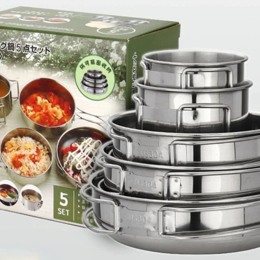 5pcs Camping Pot Set 304 Stainless Steel Kit Cooking Set