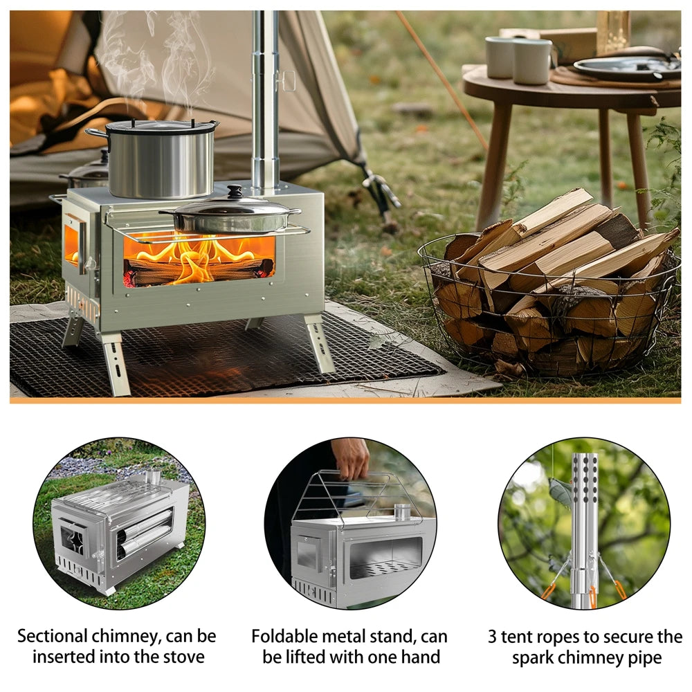 Portable Camping Wood Burning Stove Stainless Steel Tent Stove,7 Chimney Pipes Outdoor Camp Heating