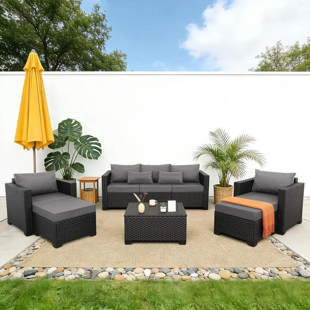 6-Piece Outdoor Wicker Patio Furniture Set with Grey Cushions