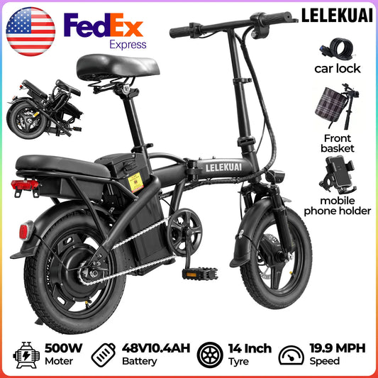 Adult/adolescent folding E-Bike, 14 inch 500W 24MPH 48V 10Ah battery, 3-level pedal assist, foldable