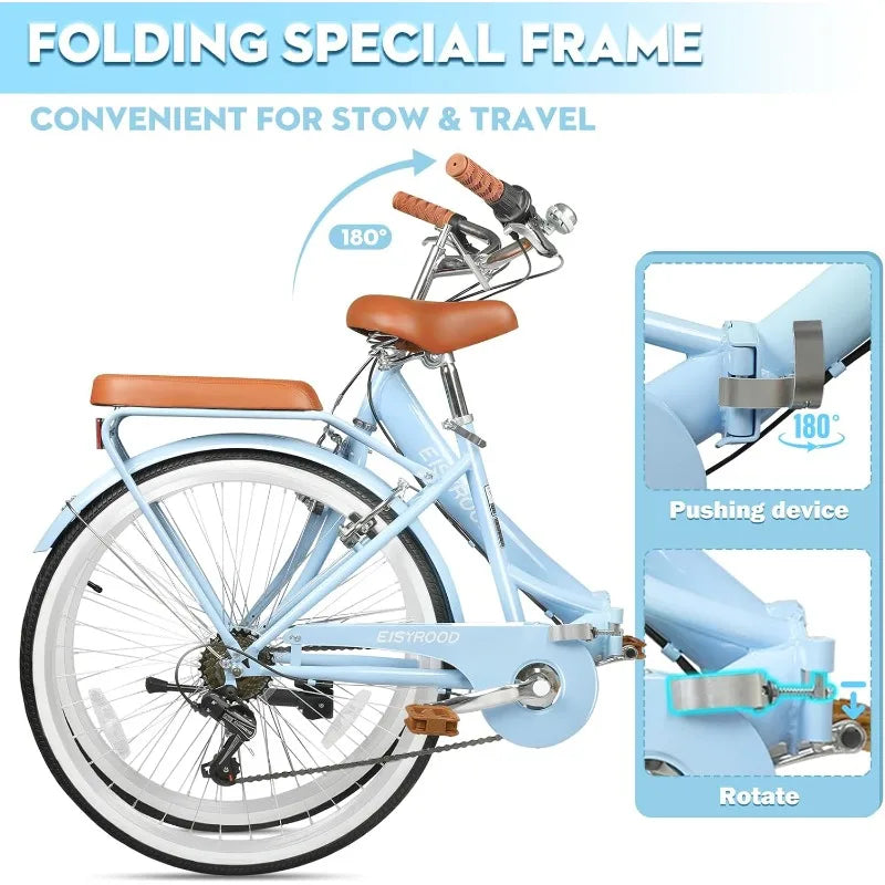 26 Inch Folding Cruiser Bike, 7-Speed Ladies Bike, Basket & Rack,  City Commuting's Bicycle