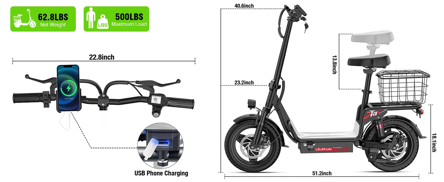 E-Bike, 500W48V15AH, 30MPH 14 inch E-Bike, 500lbs Load-bearing Multiple Shock Absorbers, Basket