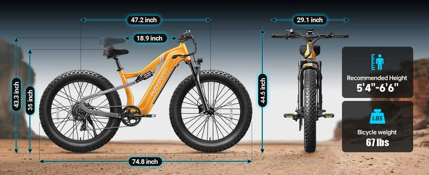 PUCKIPUPPY Lab-pro E-Bike 26" Fat Tire Full Suspension Mountain1350W 48V 20AH Ebike 2-Yr Warranty