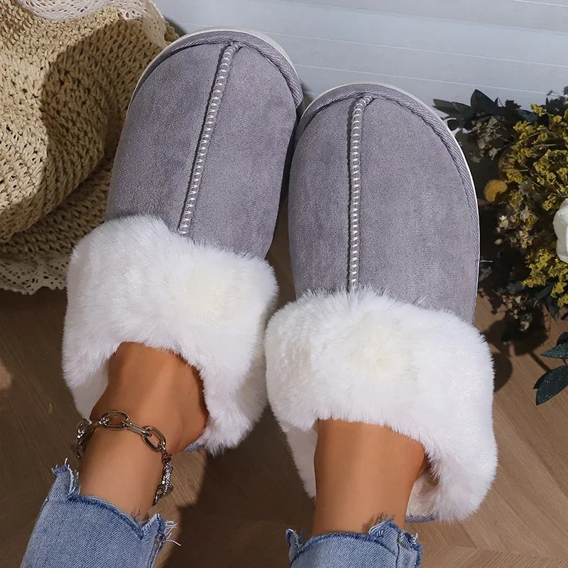 2025 Winter Warm Flat Fur Slippers Women Faux Suede  Slides Comfort Non Slip Indoor FloorCotton