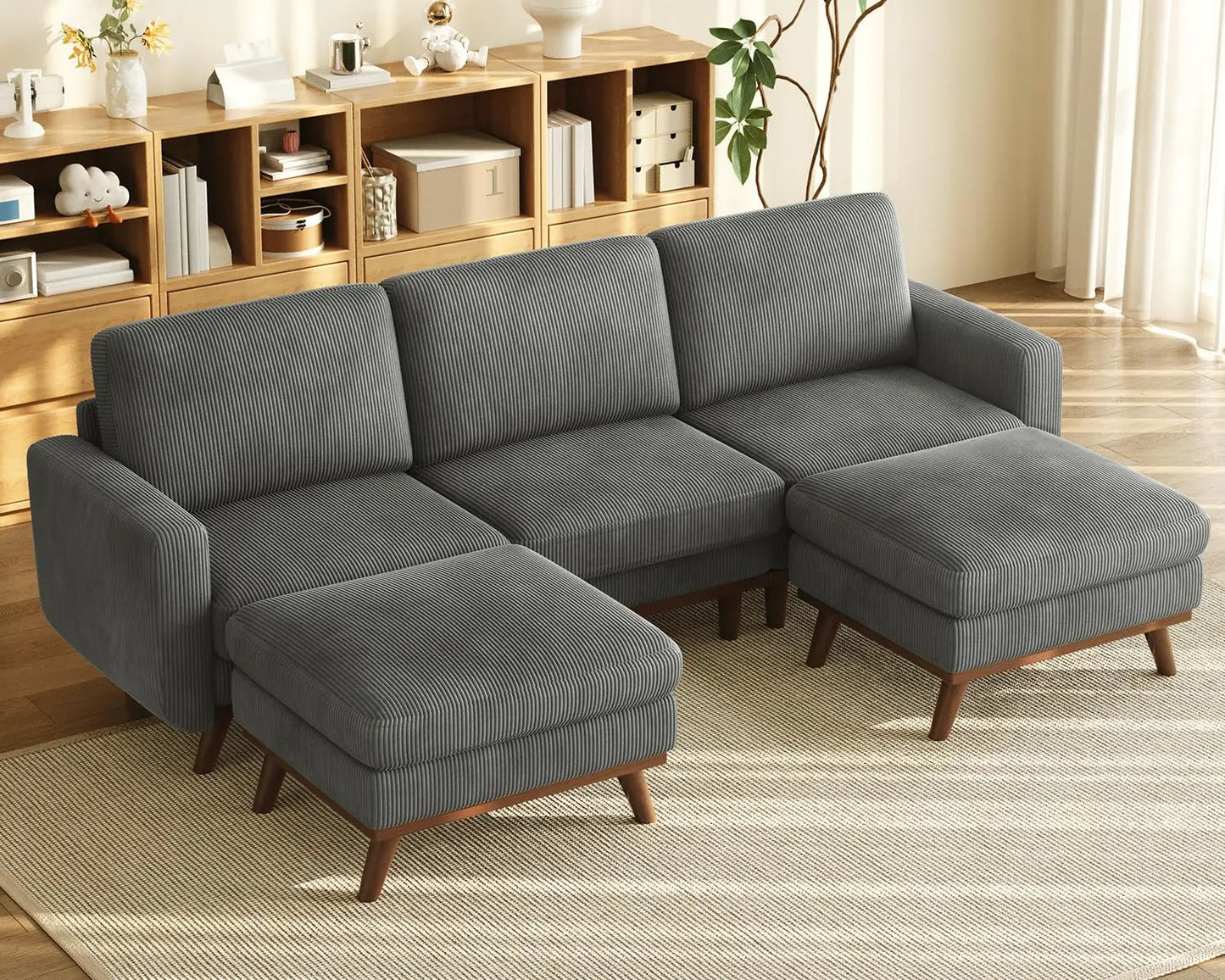 INDOOR 97" L-Shape Modular Sectional Sofa 3-Seat Corduroy Movable Otto green,black, Customized