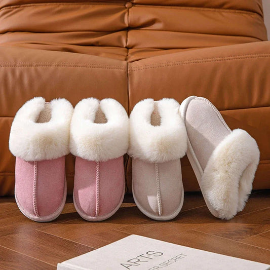 2025 Winter Warm Flat Fur Slippers Women Faux Suede  Slides Comfort Non Slip Indoor FloorCotton