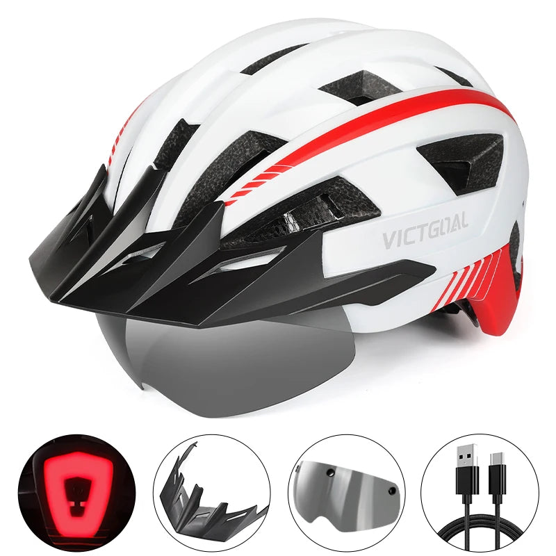 Safety Helmet,Men Women Visor Goggles LED Rear Light,Mountain,Bicycle  Racing Cycling Helmets