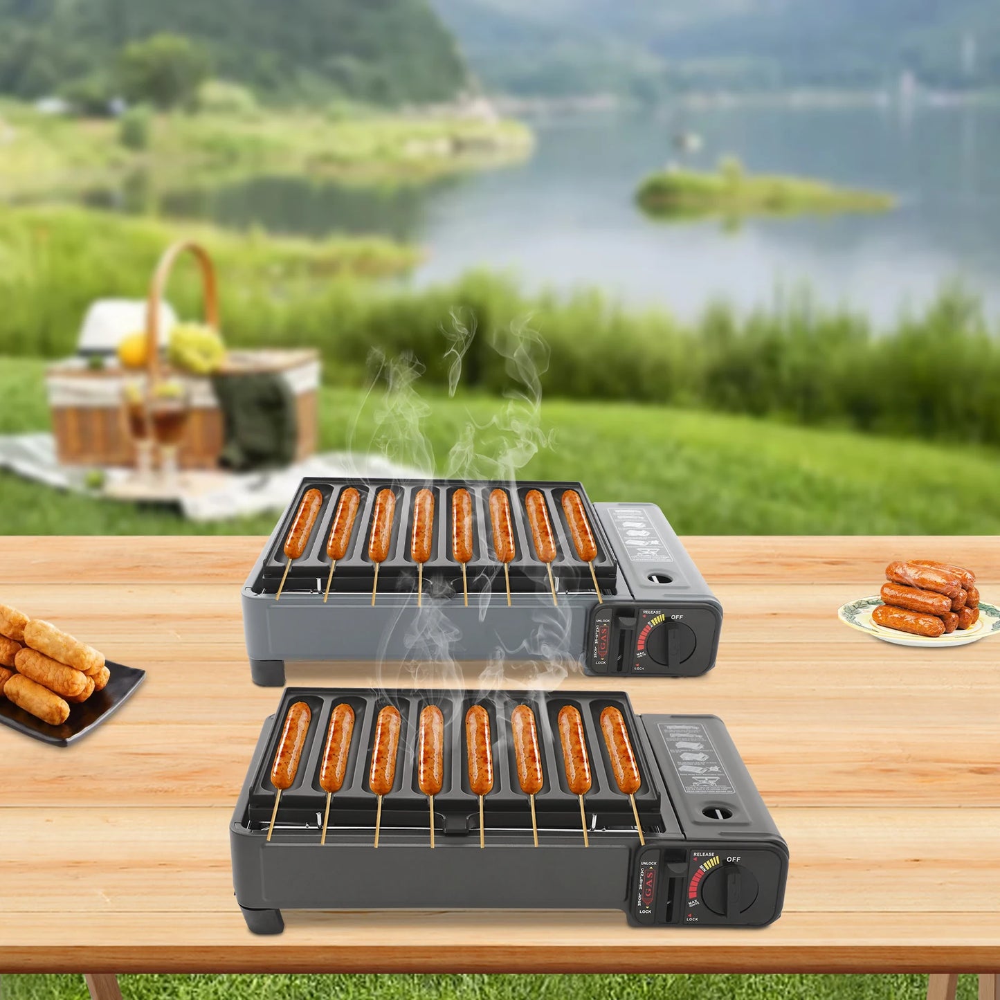 Gas Grill Stove,Sausage Grill Plate,Plastic Box Portable Camping Butane Stove Adjustable Flame