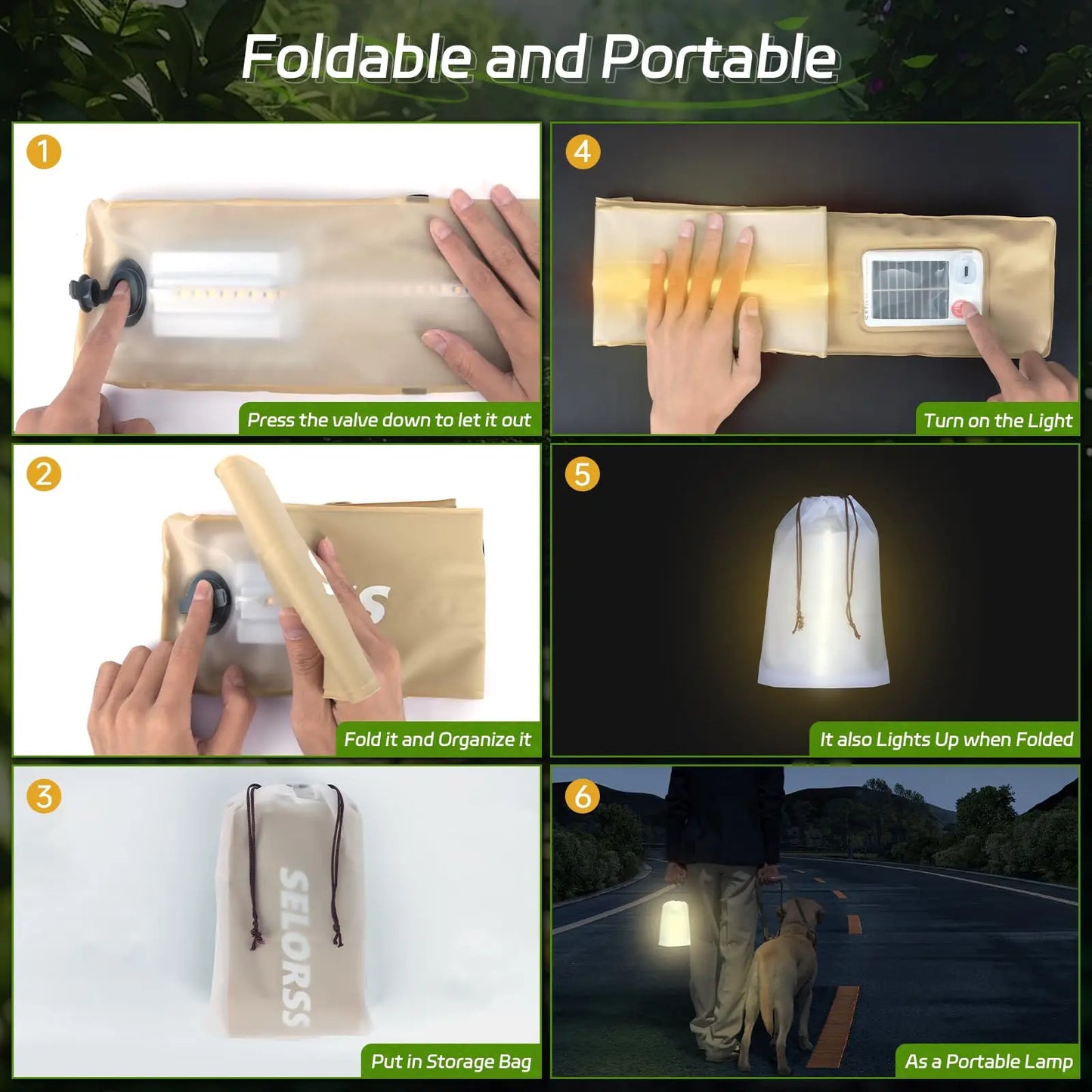 Solar Camping Lantern 2000mAh Folding Waterproof 3 Warm Light,Hiking Camping Fish USB-Type C