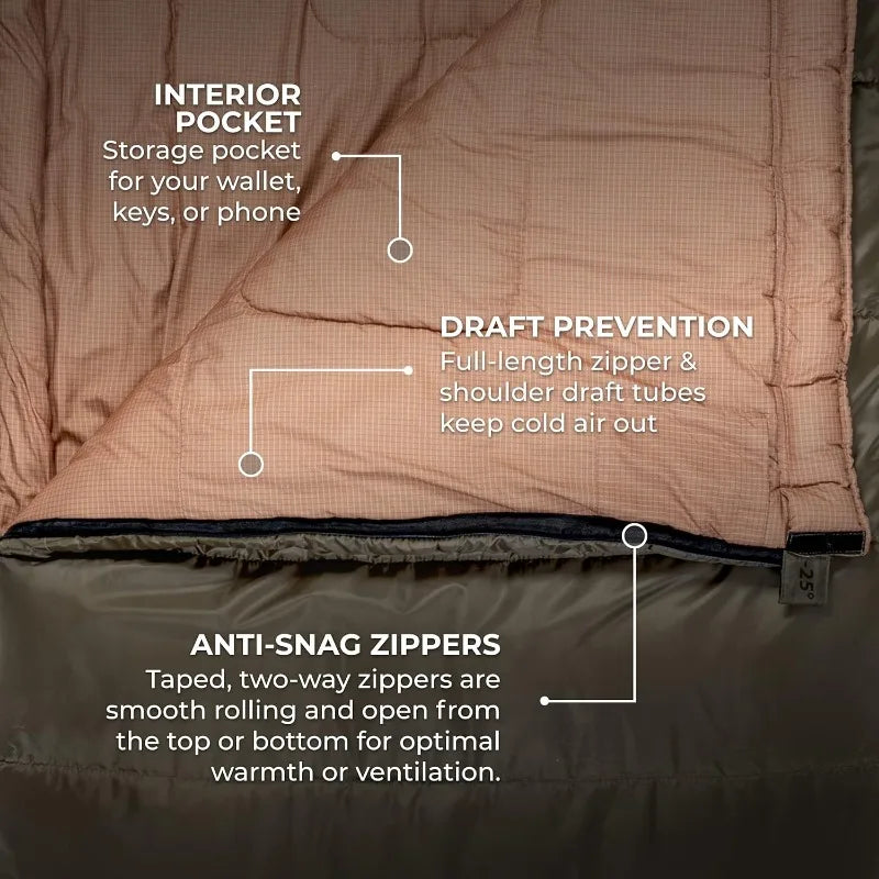 XL, -25F, 20F, 0F Degree Sleeping Bags, All Weather Warm , Adults and Kids, Camping Season