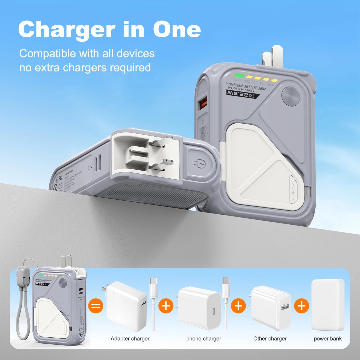 Fast Charging 10000mAh Magnetic Wireless Power Bank USB Type-C Detachable Data Cable Phone Holder