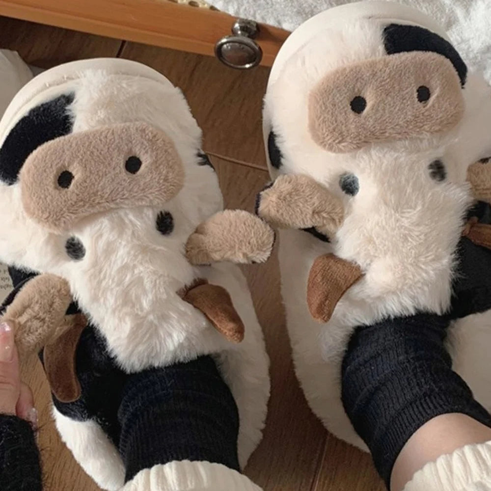 New winter neutral cartoon cow warm slippers for couples, indoor anti slip