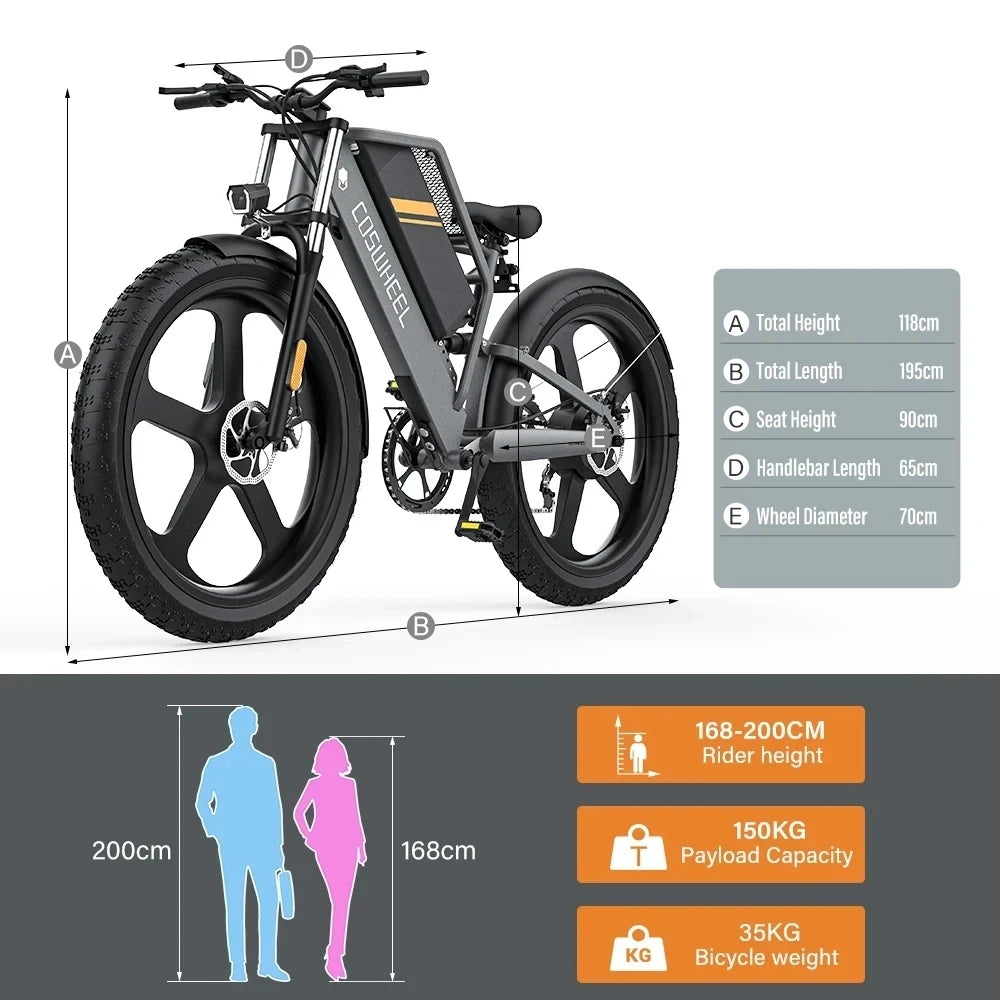 COSWHEEL T26 Electric Bike 26Inch Fat tires Mountain 1000W 48V 25AH hydraulic brake  Off Road