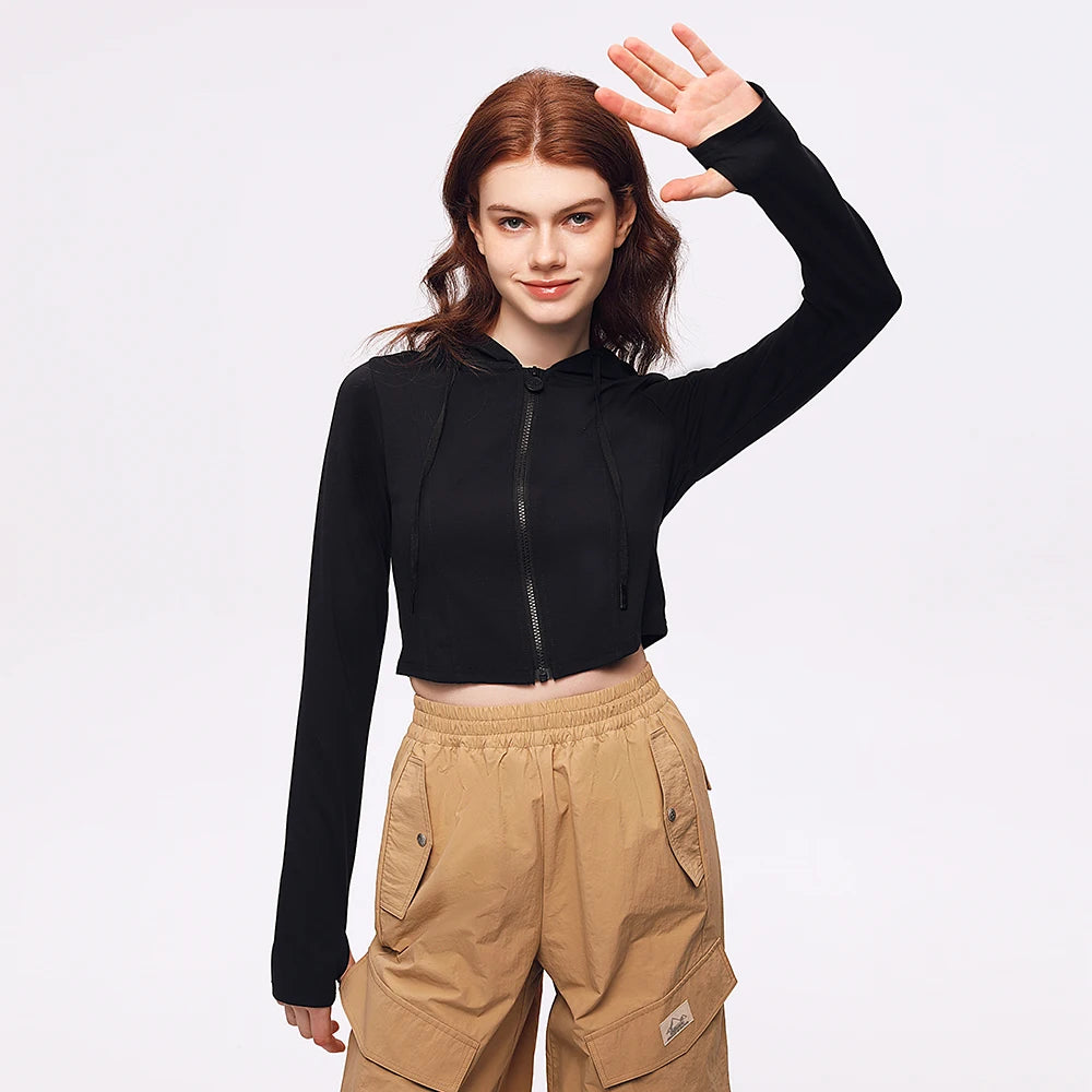 OhSunny Short Workout Jacket for Women Summer UV Stretch Slim Clothing Sports Long-sleeved Hoodie