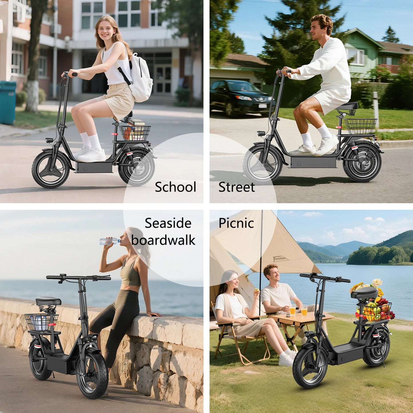 E-Scooter Adults,650W Peak Motor,48V15AH Battery, Seat,Up to 20MPH,25Miles Long Range,With Basket