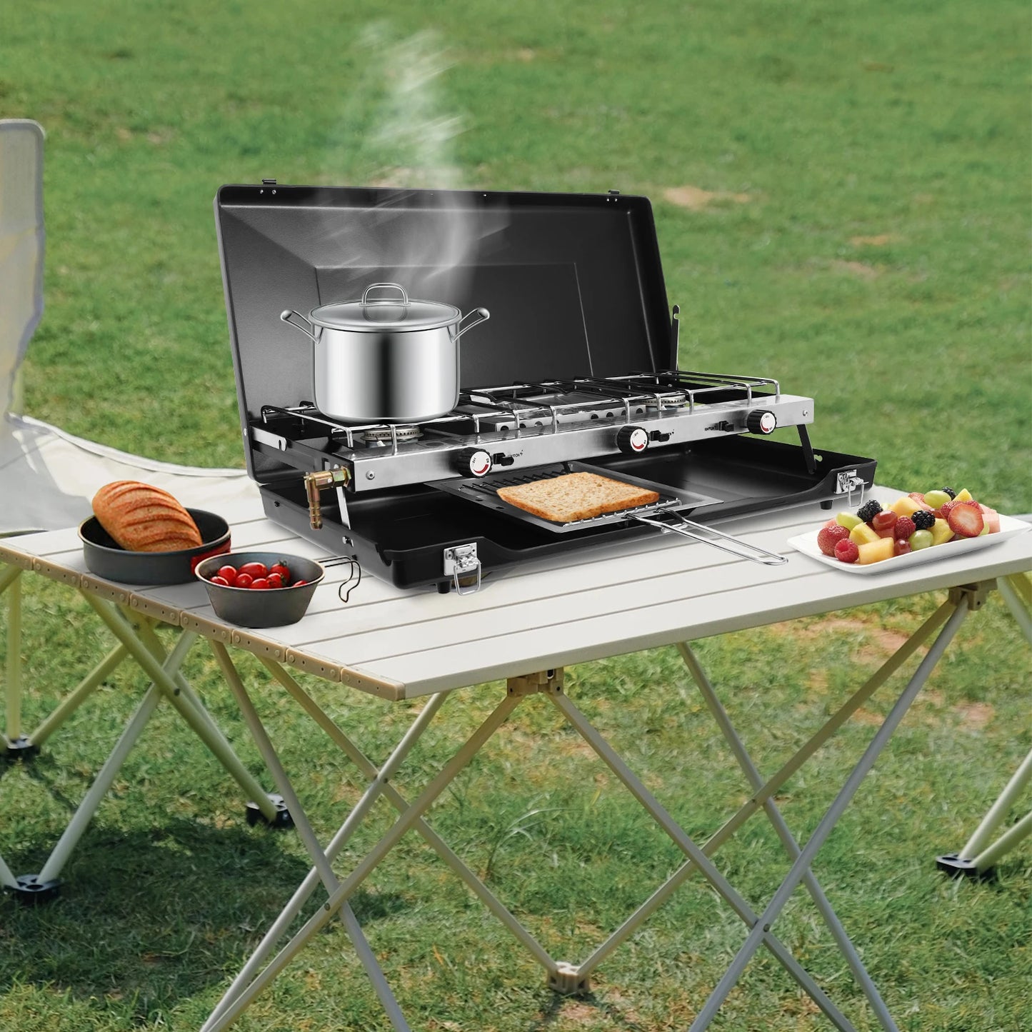 Campfire Grill] 3-Burner Durable Cold-Rolled Steel ,Windproof Lid, Camping & Outdoor Cooking