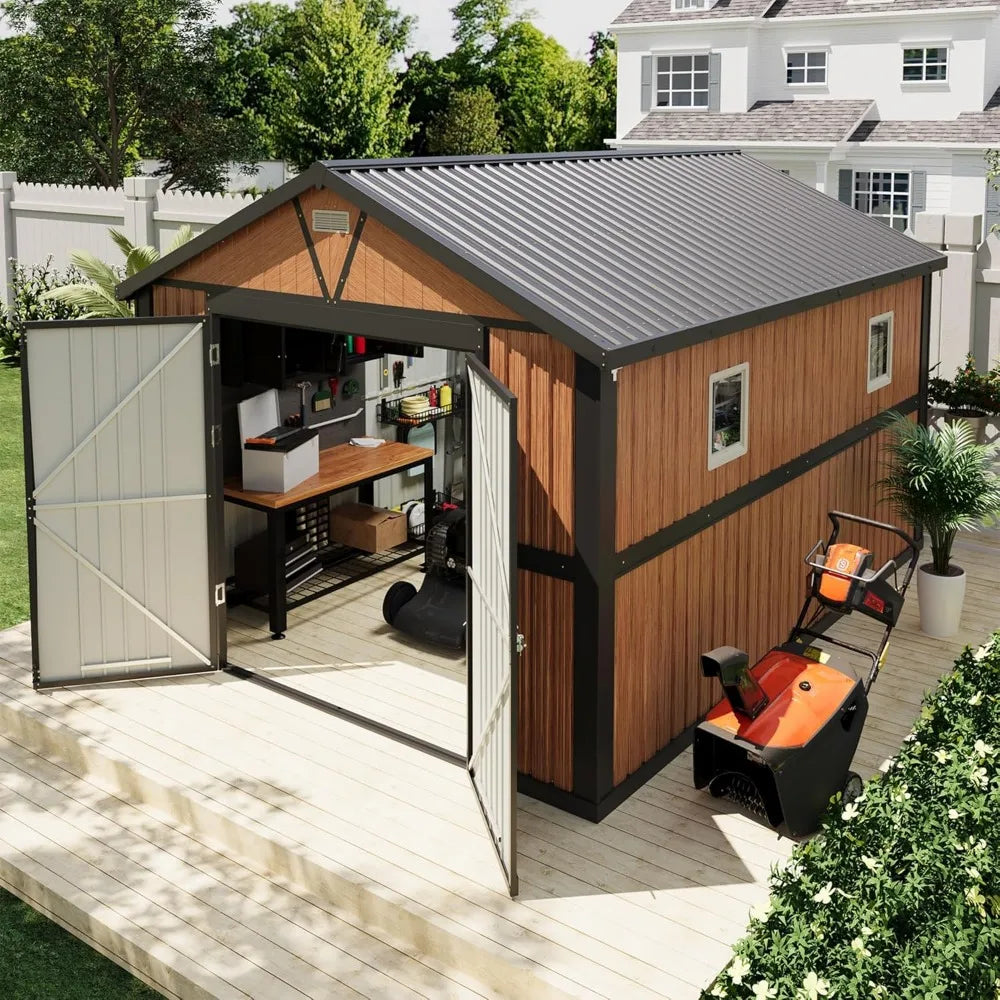 10x12FT Outdoor Storage Shed, Metal, Lockable Doors/ Windows, Large Tool Shed for Backyard, Patio